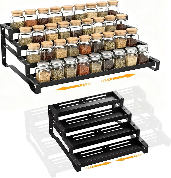 4-Tier Spice Rack Organizer, 13"-21.5" Expandable Spice Organization Shelf, Metal Seasoning Organizer for Kitchen Countertop or Pantry, Slip-Resistant Design for Jars and Bottles, Black