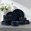 E-far 12-Piece Plates and Bowls Sets, Stoneware Dinnerware Dishes Sets for 4, Kitchen Modern Dining Dishware, Chip & Scratch Resistant, Microwave & Dishwasher Safe, Midnight Blue