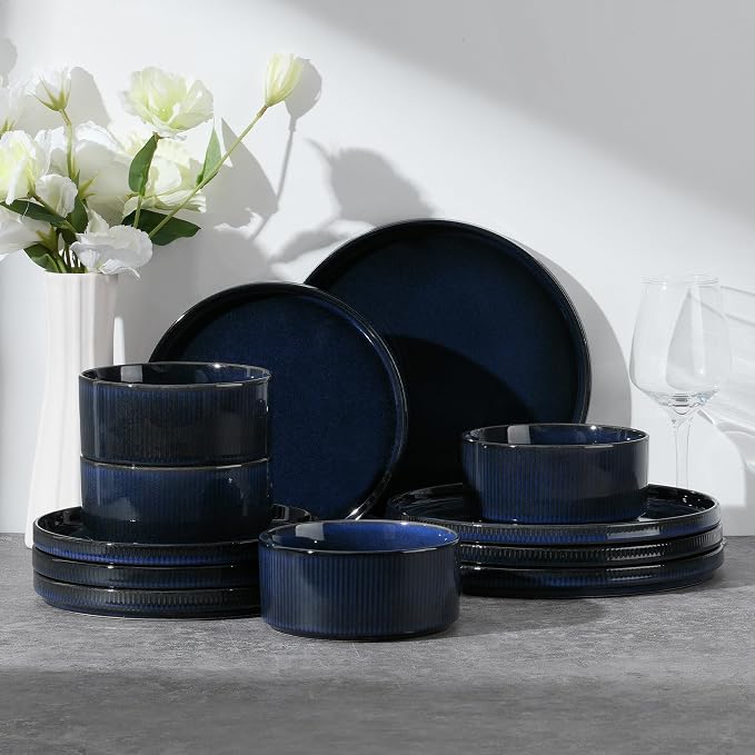 E-far 12-Piece Plates and Bowls Sets, Stoneware Dinnerware Dishes Sets for 4, Kitchen Modern Dining Dishware, Chip & Scratch Resistant, Microwave & Dishwasher Safe, Midnight Blue