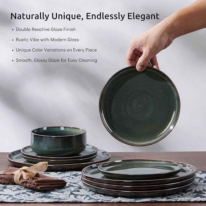 E-far 6-Piece Plates and Bowls Set, Stoneware Dinnerware Sets for 2, Ceramic Dishes Reactive Glaze Dinning Ware, Microwave & Dishwasher Safe - Obsidian Green