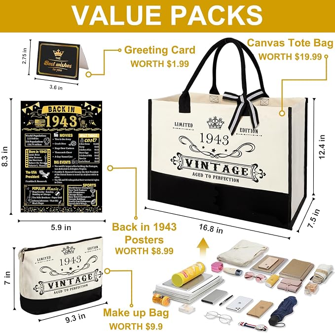 YeohJoy 83rd Birthday Gifts for Women Canvas Tote Bag Travel Gear, Unique 83 Years Old Birthday Gifts for Mom Aunt Friends Wife Sister Her, Vintage 1943 Handbag & Cosmetic Bag & Back in 1943 Poster