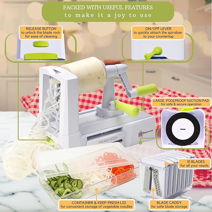 Brieftons 10-Blade Vegetable Spiralizer: Zucchini Spiral Slicer & Veggie Noodle Maker, Japanese Steel Blades, Catch Container, Strong Suction Cup, Blade Caddy, 4 eBooks | Low Carb, Vegan, Gluten-Free
