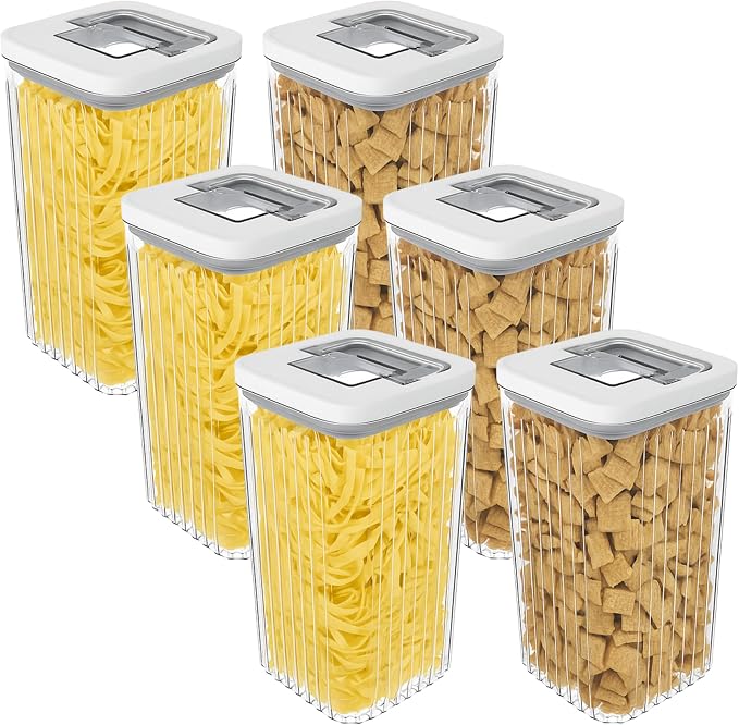 Oggi Airtight Clear Fluted Canister Set of 6 - Stackable Food Storage Containers with Lids, Vintage Modern Farmhouse Style, Kitchen Counter & Pantry Organization, Size - 6 x 88 fl oz / 2.6 Lt