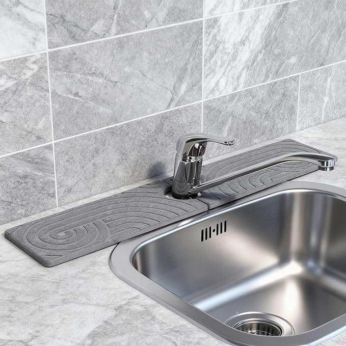Hopegiver Stone Faucet Mat for Kitchen Sink - Fast Drying Diatomite Sink Protector Prevent Moisture, Super Water Absorbing Stone Tray for Kitchen & Bathroom Counter (Gray Line, 23.6"x5.1")