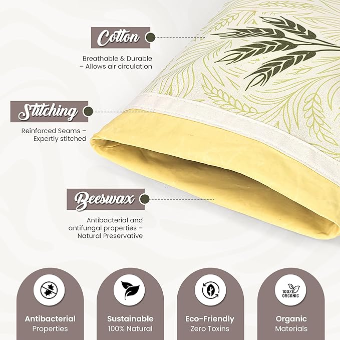 Bread Bags – 13 x 17in Cotton Beeswax Bread Bag – Reusable Bakery Bags for Sourdough, Homemade Baked Goods, Pastries Storage – Large Size 2-Pack