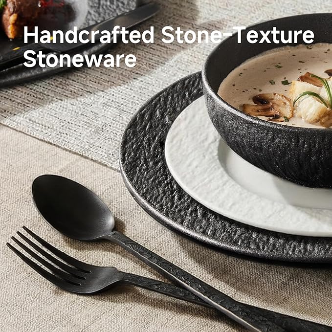 KINGSTONE Dinnerware Sets, 24-Piece Matte Marble Pattern Premium Porcelain dishes set, Plates and Bowls Sets for 8, Place Setting with Dinner Plate, Salad Plate, Pasta Bowl (White)