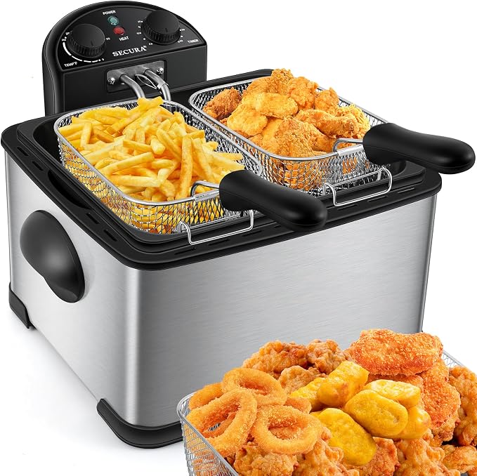 Secura 5 Liters / 21-Cup Stainless-Steel 1700-Watt Electric Deep Fryer with Timer Free Extra Odor Filter, Triple Basket, 5.3 Quarts, Silver