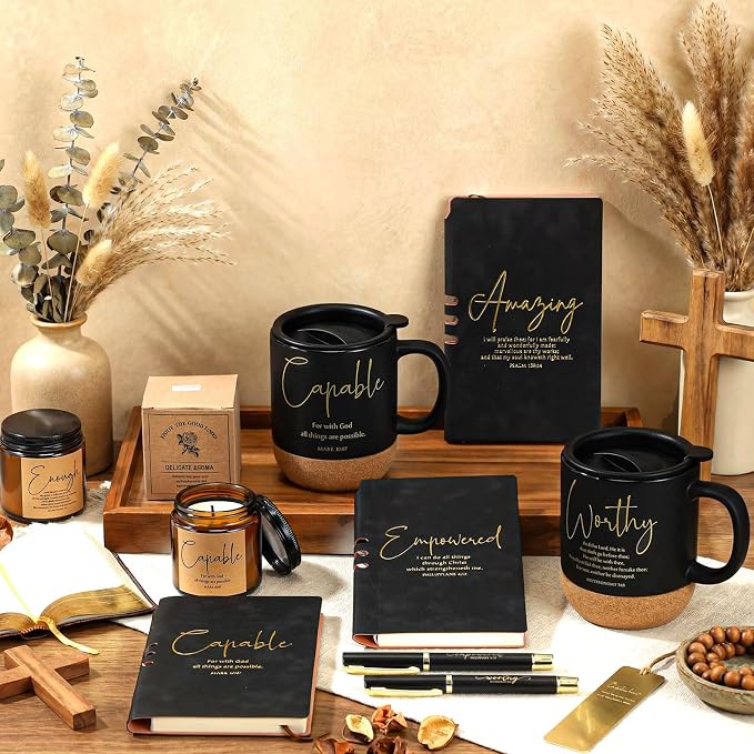 FillTouch 6 Set Christian Gift for Men 15 oz Bible Verse Ceramic Coffee Mug A6 Leather Journal with Pen and Scented Candle Religious Gift for Church Pastor Sunday School(Black)