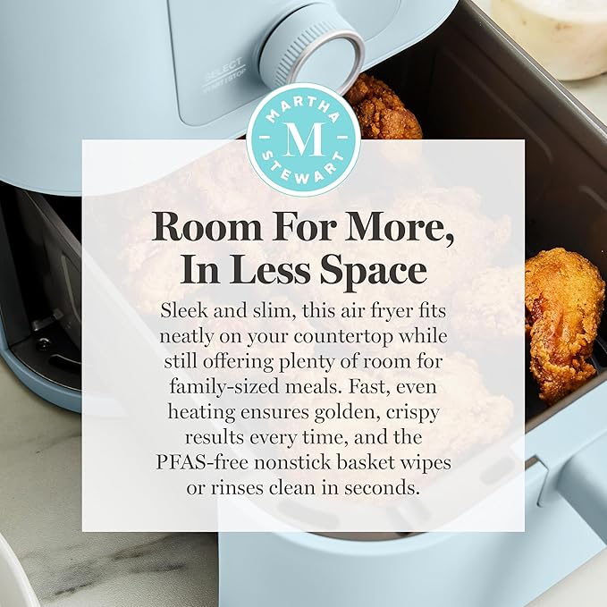 Martha Stewart 6QT Air Fryer, 6-in-1, Bake, Broil, Roast, Air Fry, Dehydrate, Reheat, Ceramic Non-Stick Basket, Crispy Results Fast, 400°F Max Temp, Shake Reminder, Auto Shut-Off, Sky Blue