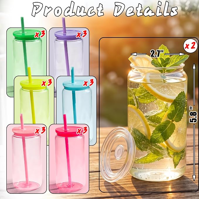20 Pack Acrylic Mason Jars Cups, 16oz Can Shaped Plastic Cups with Lids and Straws, Reusable Iced Coffee Cup Cute Drinking Glass Unbreakable Tumbler for Whiskey, Soda, Iced Tea, Colored