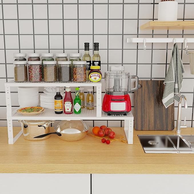 Jojocross Expandable Cabinet Shelf Organizer Storage Spice Rack Shelves for Kitchen Stackable Adjustable Pantry Cupboard Bathroom Countertop Desktop(1Pack/White/Large-with Hole)