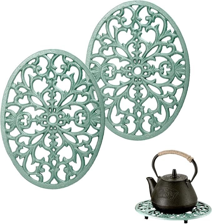 2 Pack Cast Iron Trivets, Green Oval Trivet 9.6"x7.3", Heat Resistant Metal Trivets for Hot Dishes Pots Pans Plates Teapot, Heavy Duty Cast Iron Pot Holder for Kitchen Countertops Dining Table
