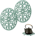 2 Pack Cast Iron Trivets, Green Oval Trivet 9.6"x7.3", Heat Resistant Metal Trivets for Hot Dishes Pots Pans Plates Teapot, Heavy Duty Cast Iron Pot Holder for Kitchen Countertops Dining Table