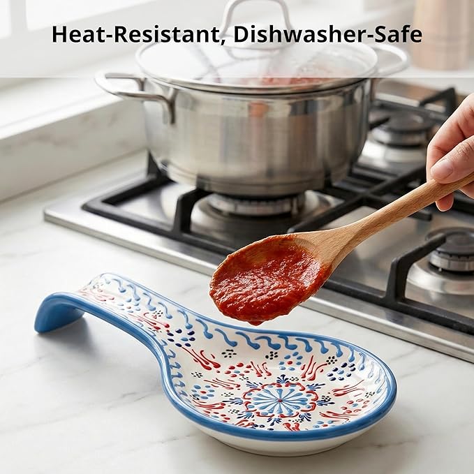 BCS Ceramic Spoon Rest, Large 9” Hand Painted Spoon Holder for Stove Top & Kitchen Counter, Dishwasher Safe & Heat Resistant Utensil Holder, Floral Kitchen Decor, Handmade Pottery