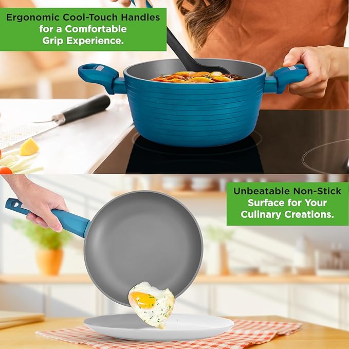 NutriChef 12-Piece Nonstick Kitchen Cookware Set - Easy to Clean, Fireproof Lacquer - Saucepot, Cooking Pots, Fry Pans, Utensils, Tempered Glass Lids - Light Gray/Green, Induction Ready