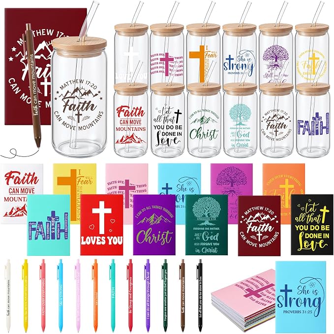 Skylety 12 Sets Christian Gifts for Women Bulk 16 oz Bible Verse Glass Cups Religious Tumblers with Lids Straw Spiral Notebooks Pen for Teacher Church Employee Coworker Women