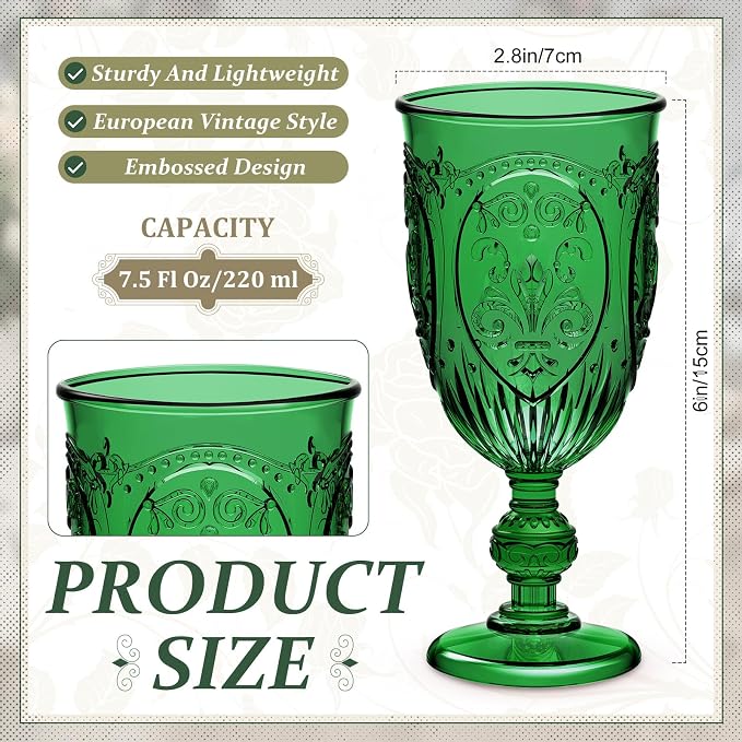 Wiwiqing 6 Pcs Plastic Goblets 7.5oz Vintage Goblet Plastic Wine Glasses Colored Retro Embossed Water Goblets for Wine Bar Juice Baby Shower Wedding Reception Grand Event Party (Dark Green)