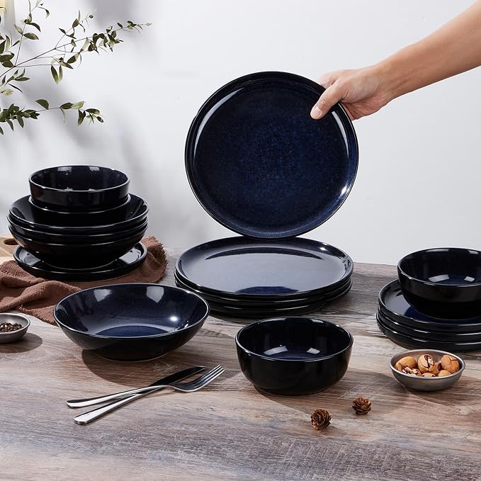 LIANYU Stoneware Dinnerware Sets with Pasta Bowls, 16 Piece Plates and Bowls Dishes Set for 4, Dishwasher Safe Dining Ware Dishware for Home Kitchen, Microwave Safe, Midnight Blue