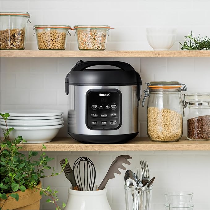 AROMA Digital Rice Cooker, 4-Cup (Uncooked) / 8-Cup (Cooked), 2 Qt, Steamer, Multicooker, Slow Cooker, Oatmeal Cooker, Auto Keep Warm, Stainless Steel Exterior