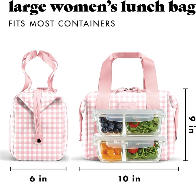 Fit & Fresh Remi Lunch Bag for Women Work – Neoprene Lunch Tote with Containers & Ice Pack, Reusable Meal Prep Lunch Box, Large Capacity, Machine Washable, Pink Gingham