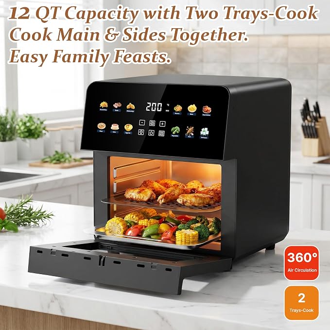 2026 Upgraded 12QT Air Fryer Oven, 8-in-1 Toaster Oven Combo, 8 Presets, Family Size Countertop Oven, 2 Baking Racks & Gloves, Roast Bake Air Fry, Easy to Clean