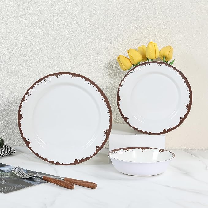 Melamine Dinnerware Set-12 Piece Farmhouse Plates and Bowls Set for 4,Lightweight&Durable Dish Set, Unbreakable Camping/RV Serving Dinner Plates, Dishwasher Safe, Off White