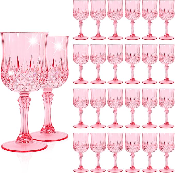 24 Pack Pink Plastic Wine Glasses, Vintage Plastic Goblets for Parties, Drinking Glasses Unbreakable Glassware Crystal Water Goblets Reusable Drinkware for Wedding Reception Grand Event Party