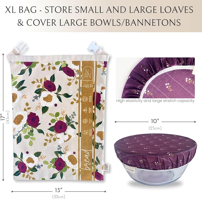 Nectar & Nest Bread Baker Set, Reusable Beeswax Bread Bags for Homemade Bread, Sourdough Bag, Organic Cotton Beeswax Bowl Cover, Limited-Edition Artist Series (December Blooms by Mackenzie Nelson Art)