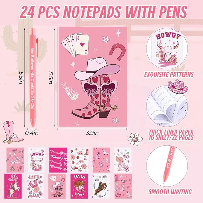 Feifeiya 72 Pcs/ 24 Set Cowgirl Cups Set 24 oz Staff Pink Tumbler with Lids and Straws Inspiration Ballpoint Pens Bulk for Cowgirl Party Favors Rodeo Party Birthday Decoration Supplies