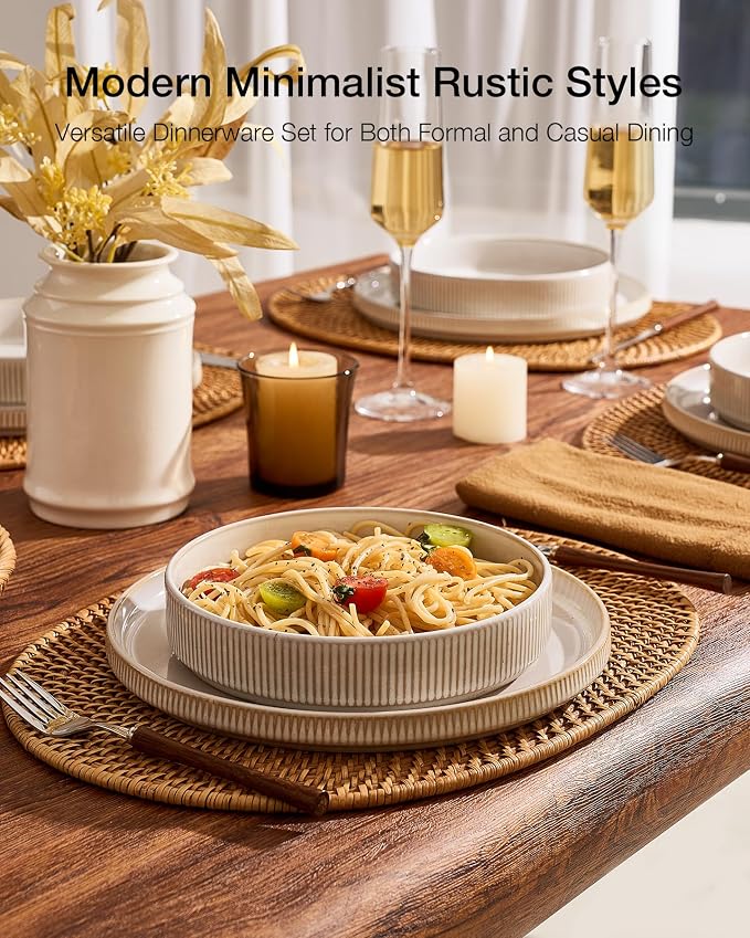Famiware Star 8-Piece Stoneware Dinnerware Set for 4 – 23 oz Shallow Pasta Bowls and 10.5" Flat Dinner Plates, High Edge Dishes, Chip & Scratch Resistant, Microwave & Dishwasher Safe, Cappuccino White