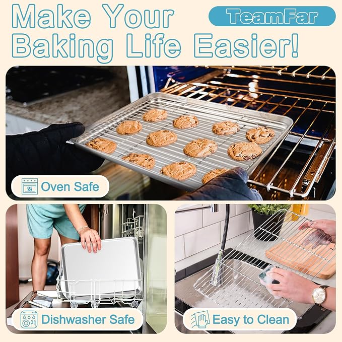 TeamFar Baking Sheet with Rack Set (3 Pans + 3 Racks), 17.6/16/12.5 Inch Stainless Steel Cookie Sheets Baking Pans Trays and Cooling Racks for Cooking Roasting, Non-Toxic & Heavy Duty, Dishwasher Safe