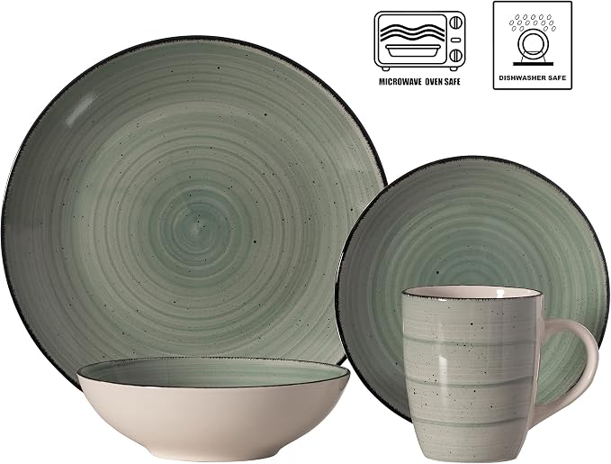 16 PC Spin Wash Dinnerware Dish Set for 4 Person | Mugs, Salad and Dinner Plates and Bowls Sets, Stylish Dishes with Highly Chip and Crack Resistant, Dishwasher and Microwave Safe, Green. QI004502.GN