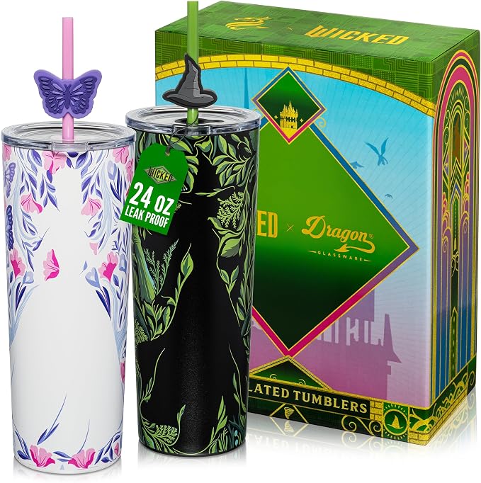 Dragon Glassware x Wicked: For Good 2-Pack 24 oz Vacuum Insulated Tumbler with Lid and Straw - Set of 2 Tumblers with 4 Straws and Toppers - Official Wicked Merch - Shadows