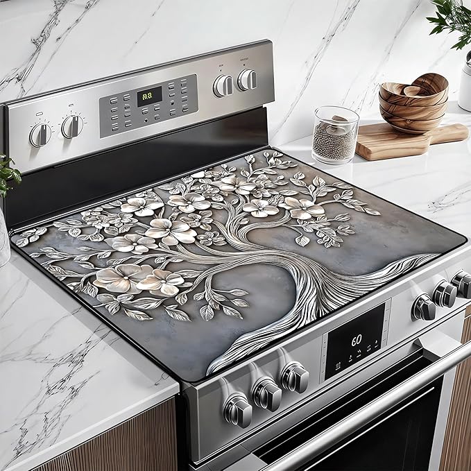 Heat-Resistant Glass Stove Top Cover with Anti-Slip Rubber Coating – Electric Stove Protector, Scratch-Resistant, Expands Counter Space, Stylish Kitchen Decor (Tree)