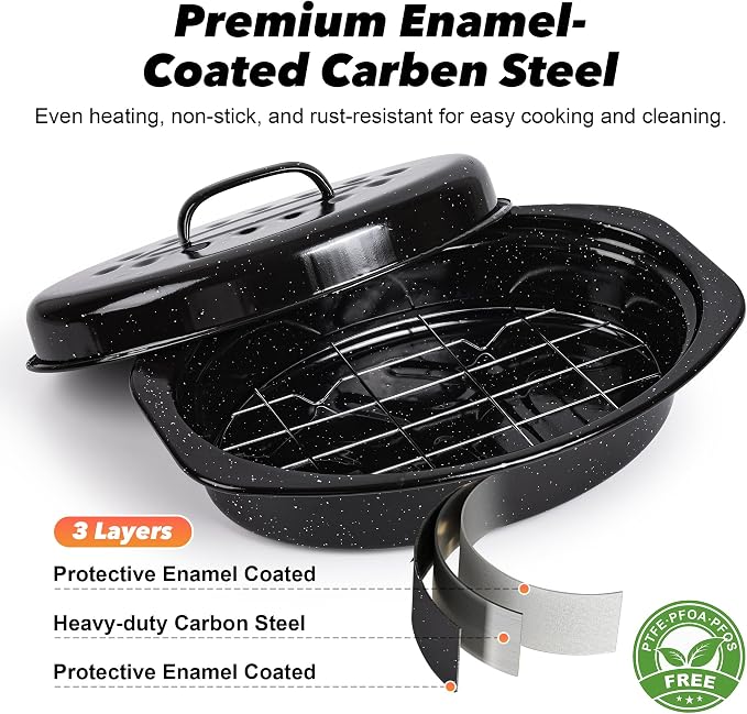 13” Roasting Pan with Lid, Small Enameled Carbon Steel Oven Roaster for Chicken, Turkey, Meat, Bread, Sourdough, Heat Resistant to 572℉, Dishwasher/Induction Safe, including Stainless Steel Oval Rack