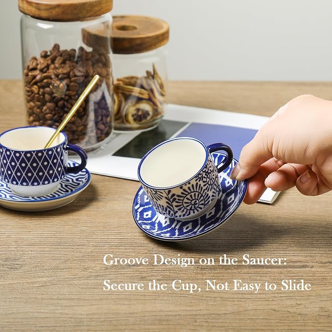 Selamica Ceramic Espresso Cups with Saucers and Metal Stand, 2.5 OZ Stackable Demitasse Cups for Espresso Latte Café Mocha, Set of 4, Vintage Blue