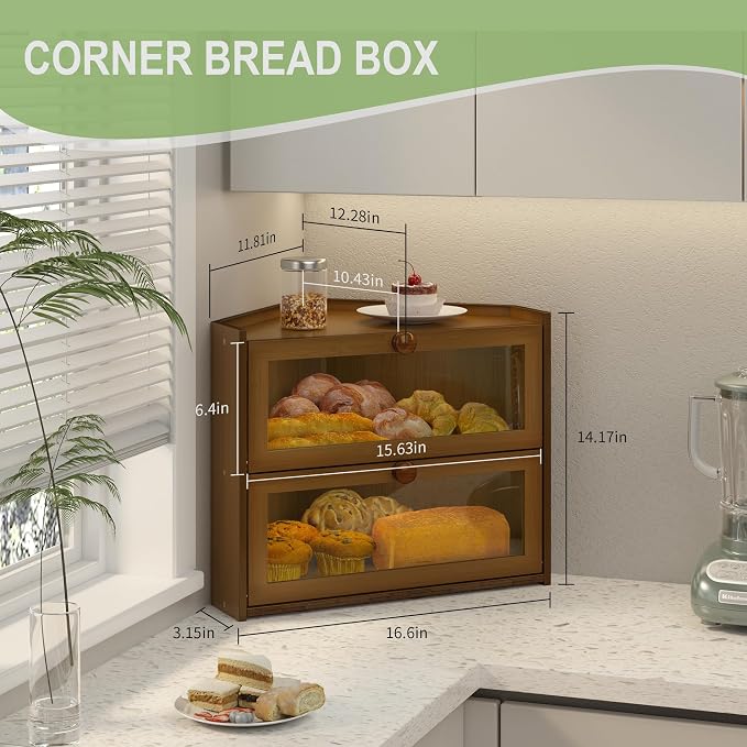 JANSNIMEN Corner Bread Box for Kitchen Countertop, Large Bread Container Storage Bamboo Wooden Farmhouse Bread Box with Window Bread Holder (Brown)