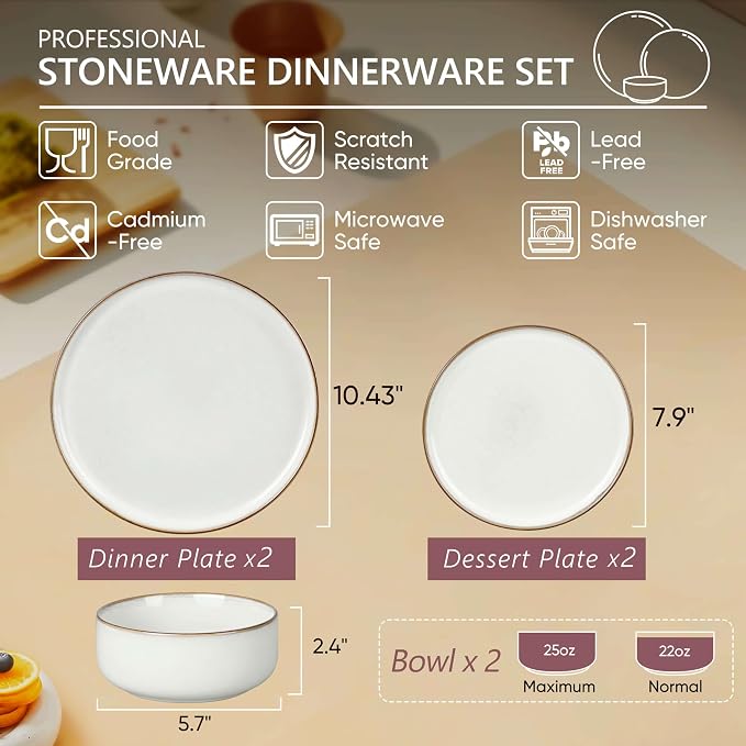 Herogo 6 Pieces Stoneware Dinnerware Dishes Sets for 2, Kitchen Handmade Dining Plates and Bowls Sets, Double Reactive Glaze, Microwave & Dishwasher Safe, Scratch Resistant, Ivory White