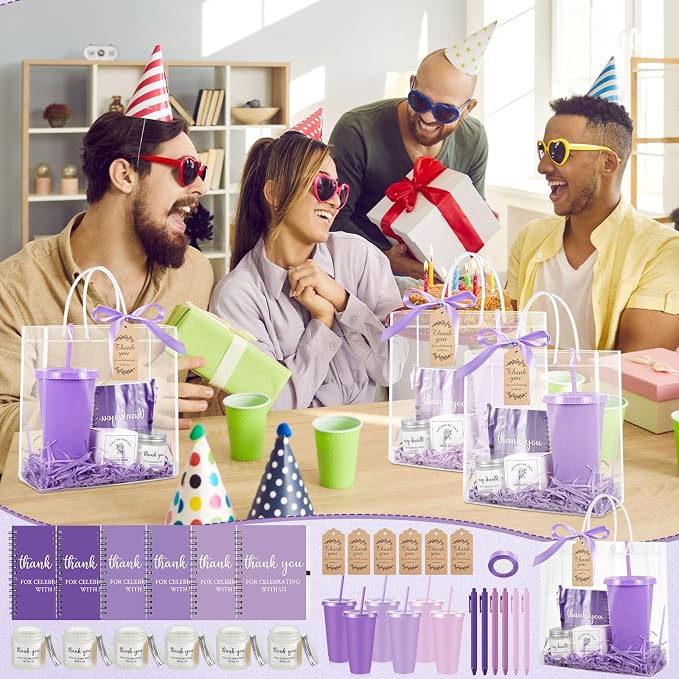 Nuogo 6 Sets New Parent Shower Prizes for Player Winners Adult, Wedding Bridal Shower Gift, Plastic Tumbler Notebook Scented Candle Ballpoint Pen Bag (Gradient Purple,Classic Style)
