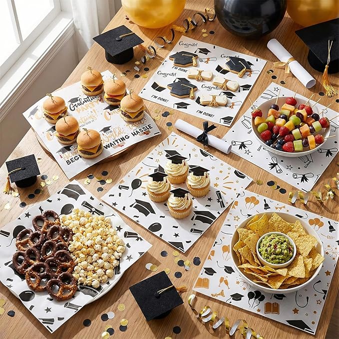 Reallnaive 300 Pcs Graduation Wax Paper Sheets 12 x 12 Inch Black and Gold Parchment Deli Tissue Paper Sandwich Wrapping Sheets Food Basket Liners for Kitchen Restaurant Baking Supplies, 6 Styles