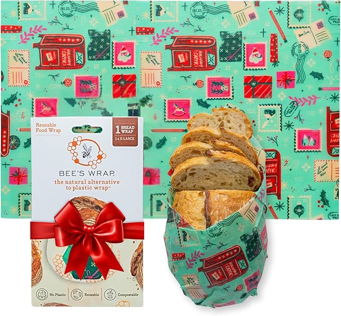 Bee's Wrap Beeswax Wraps for Bread - Beeswax Bread Wrap for Sourdough & Bread Storage - Plastic Free Made in USA Reusable Natural Food Wrap - Seasons Greetings