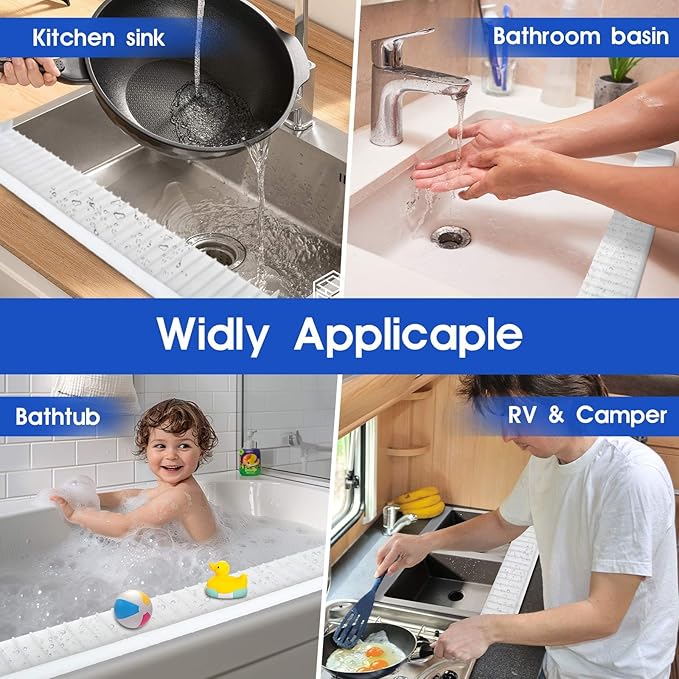 Snuggery 20"x4" Silicone Sink Edge Protector - Splash Guard with Suction Cups & 5° Tilt, Cuttable Edge Guard for Kitchen Sink, Bathroom,Granite & Quartz Countertops(White)