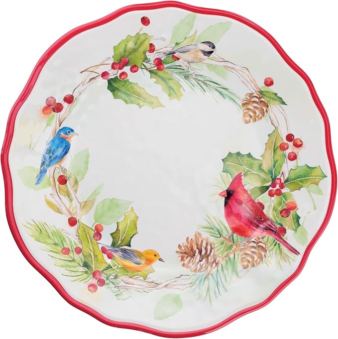 UPware 12 Piece Winter Birds Melamine Dinnerware Sets, Outdoor Dishes Set, Plates and Bowls Sets, Christmas Decorations, Service for 4, Red