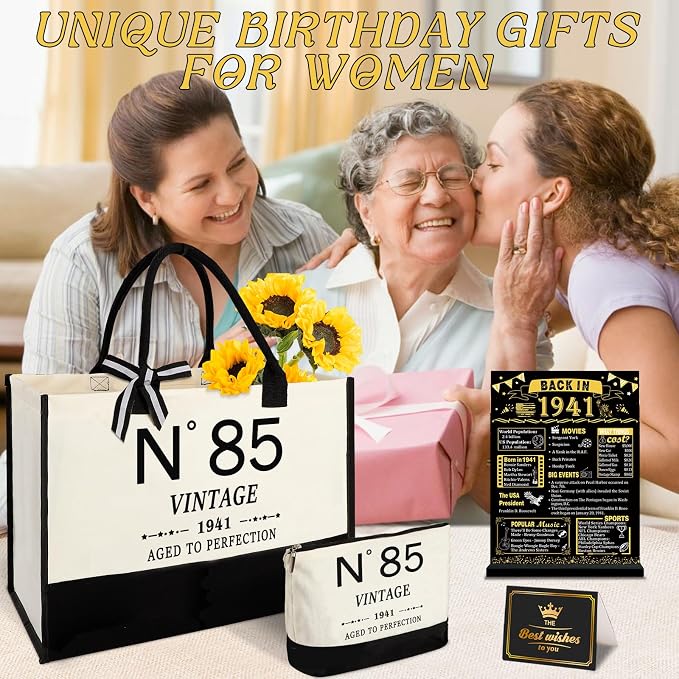 YeohJoy 85th Birthday Gifts for Women Canvas Tote Bag Travel Gear,Unique 85 Years Old Gifts for Wife Mom Sister Aunt Friends Her, Vintage N°85 Handbag & Cosmetic Bag & Back in 1941 Poster