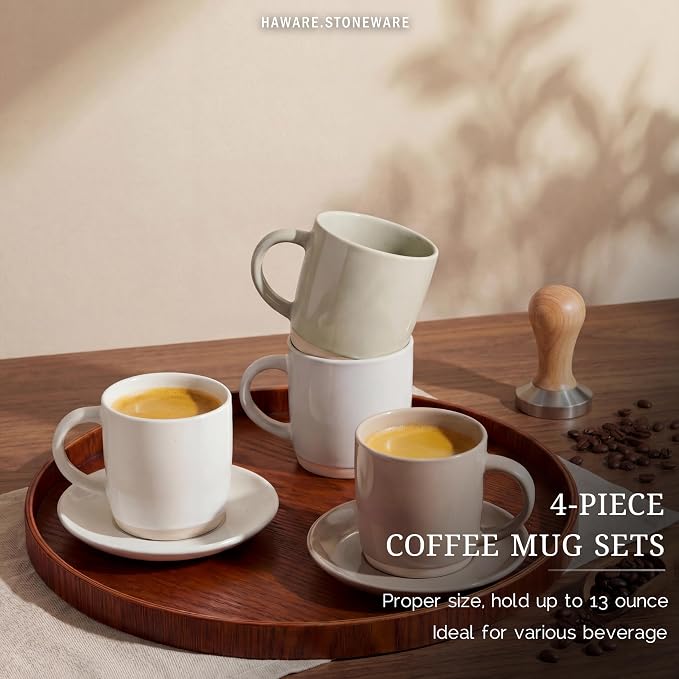 HaWare 13OZ Coffee Mugs Set of 6, Stoneware Coffee Cups, Ceramic Latte Mug for Man, Woman, Dad, Mom, Modern Tea Mugs for Latte/Cappuccino/Cocoa/Milk, Dishwasher& Microwave Safe, Speckled Milky White