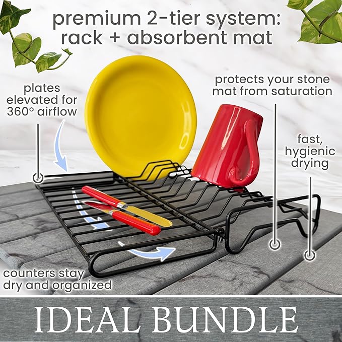 Stone Drying Mat + Foldable Black Metal Dish Rack – Complete 2-Tier Kitchen Drying System – Ultra Absorbent Dark Gray Mat for Plates, Glasses & Cutlery – Modern & Hygienic Counter Organizer - 24"x16"