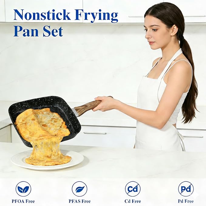 HealSmart 3 Pieces Nonstick Grill Pan Set, Square Cooking Skillets with Wooden Handles, PFOA-Free Multi-size Griddle Pans Fit All Stovetops, Indoor & Outdoor Cooking, 9.5",10.2",11", Black