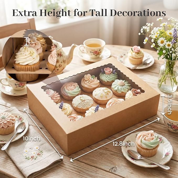 VGOODALL 6PCS Kraft Cupcake Containers, 12 Count with Window Boxes Holding 72 Pastry Box for Birthday Holiday Party Bakery Supplies
