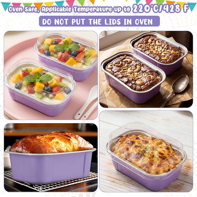 Vesici 100 Sets Mini Loaf Pans with Lids, 5.7 oz Disposable Aluminum Foil Baking Cups, Rectangle Cake Pans for Baking Storage Birthday Party(Purple)