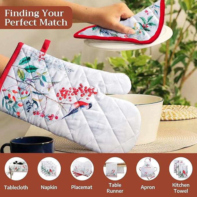 Maison d' Hermine 100% Cotton Oven Mitt & Pot Holder Set (7.5"x13" & 8"x8") Heat Resistant BBQ Cooking Gloves with Loop for Thanksgiving Christmas Decorations Handling Hot Pans (Morzine)